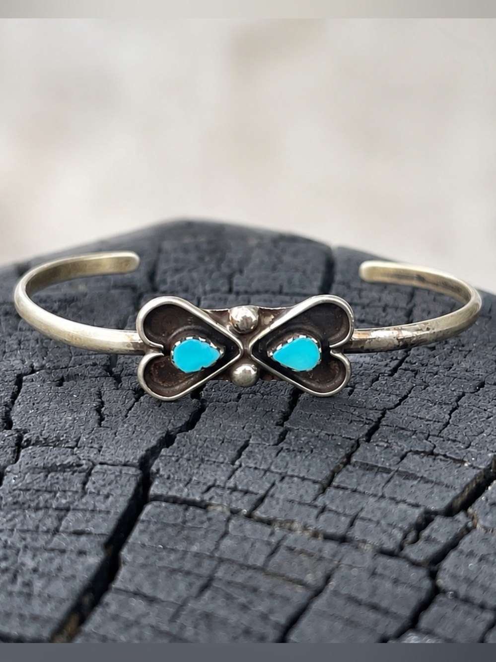 VTG Native American Zuni Sterling Silver Turquoise Butterfly Child Cuff Bracelet